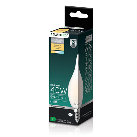 6x Żarówka LED E14 Świeczka BA35 2,2W 470lm = 40W 2700K Ciepła 360° Filament KLASA A LUMILED