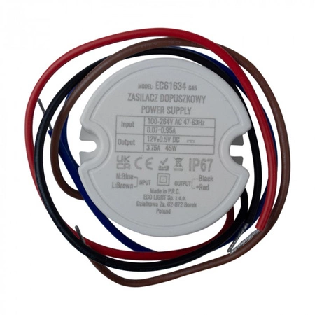 Zasilacz dopuszkowy FI60 do Taśm LED 45W 12V 3.75A Hermetyczny IP67 Ecolight