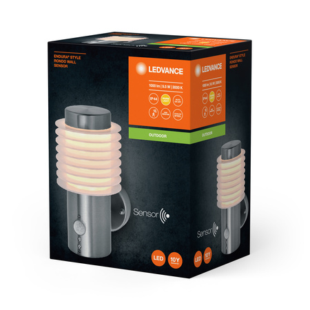 Lampa Ogrodowa Zewnętrzna Kinkiet Elewacyjny LED 9.5W 700lm 3000K IP44 Srebrny Z Czujnikiem Ruchu i Zmierzchu Endura Ledvance