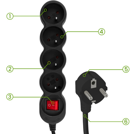 Przedłużacz Sieciowy Kabel z Uziemieniem Listwa Zasilająca 4 Gniazda 1.5m Włącznik ON/OFF Czarny Sznur Lendo Lumiled