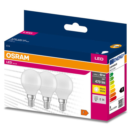 3x Żarówka LED P45 Kulka E14 4.9W = 40W 470lm 2700K Ciepła 200° VALUE CLASSIC Osram
