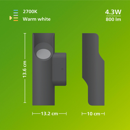 Kinkiet Ogrodowy Lampa Zewnętrzna Elewacyjna LED 4.3W 800lm 2700K Ciepła IP44 Antracyt UltraEfficient Fira Philips