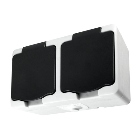 Podwójne Gniazdo Hermetyczne Natynkowy z Klapką AQUATIC MINI IP54 ORNO Biało- Czarny