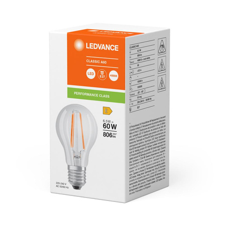 Żarówka LED A60 E27 6.5W = 60W 806lm 4000K Neutralna Biała FILAMENT LEDVANCE