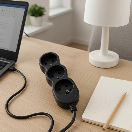Przedłużacz Sieciowy Kabel z Uziemieniem Listwa Zasilająca 3 Gniazda 5m Czarny Sznur Lendo Lumiled