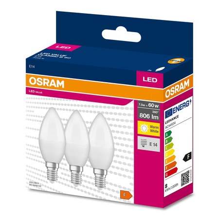 3x Żarówka LED B37 Świeczka E14 7.5W = 60W 806lm 3000K Ciepła 220° VALUE CLASSIC Osram