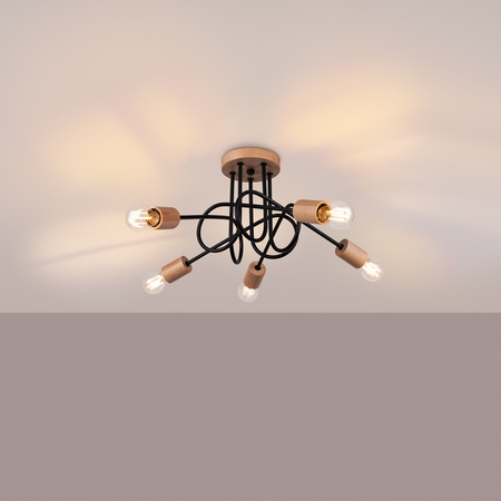 Lampa Sufitowa Żyrandol Pająk Wisząca 5x E27 Naturalne Drewno Czarna Ember Peach Puff SL.1478 Sollux