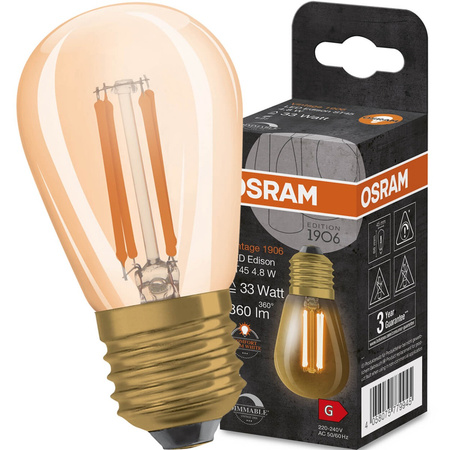 Żarówka Dekoracyjna LED E27 ST45 4,8W = 33W 360lm 2200K Ciepła 320° Filament Ściemnialna OSRAM Vintage 1906