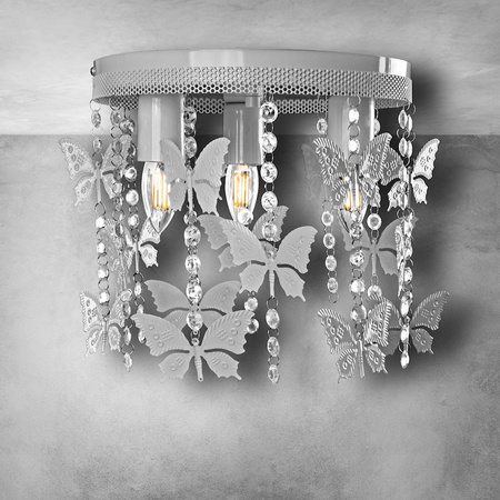 Lampa dziecięca sufitowa szara Żyrandol ANGELICA Motyle 3x E27 Metal i kryształki Milagro