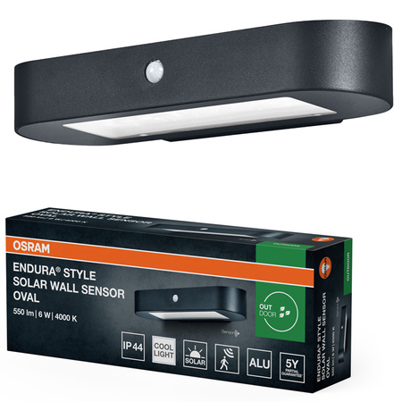 Kinkiet Solarny Ogrodowy Lampa Elewacyjna Zewnętrzna LED z Czujnikiem Ruchu i Zmierzchu 6W 540lm 4000K Neutralna Czarny IP44 Endura Osram