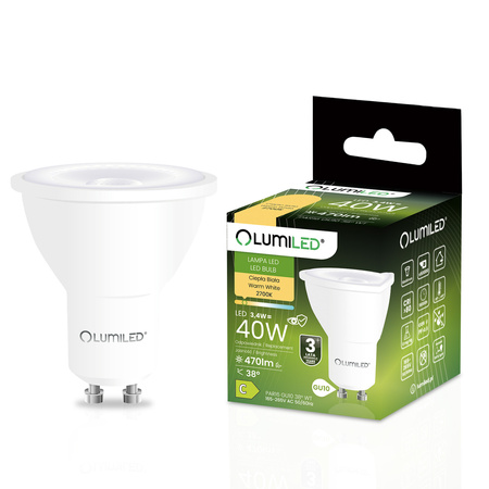 Żarówka LED GU10 Reflektor PAR16 3,4W = 40W 470LM  2700K Ciepła 38° LUMILED