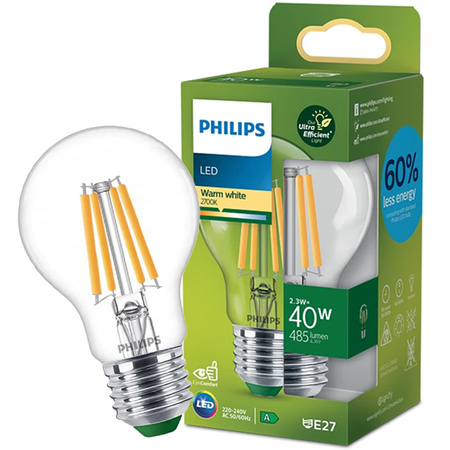 Żarówka LED E27 A60 210.9lm/W 2.3W = 40W 485lm 2700K Ciepła Filament PHILIPS Ultra Efficient