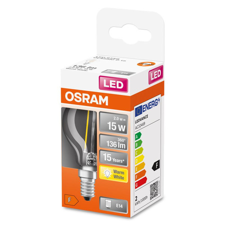 Żarówka LED P45 Kulka E14 1.5W = 15W 136lm 2700K Ciepła 300° Retrofit Filament CLASSIC Osram
