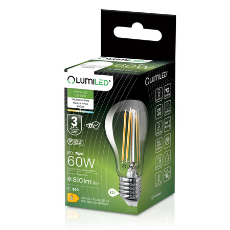 Żarówka LED E27 A60 7W = 60W 810lm 4000K Neutralna 360° FILAMENT LUMILED