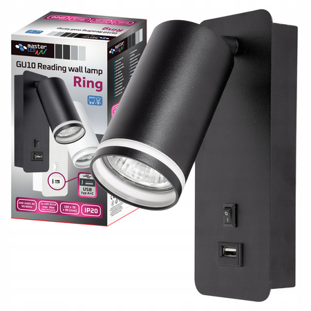 Lampa ścienna Kinkiet GU10 RING z USB i włącznikiem czarny