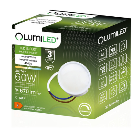 10x Wkład do Opraw LED Moduł INSERT Mleczny 7W = 60W 120° 670lm 4000K Neutralny Ściemnialny LUMILED