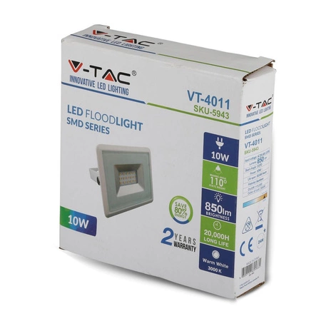 Naświetlacz LED 10W 850lm 4000K IP65 Biały SMD VT-4011W V-TAC