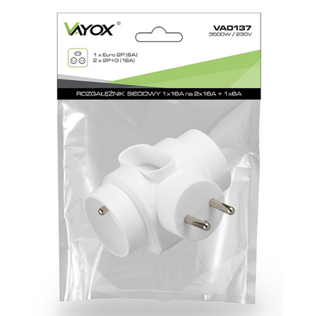 Rozgałęźnik Sieciowy Elektryczny 1x Euro 2P + 2x 2P+0 Złodziejka 3 Gniazdka Z Uziemieniem VAYOX