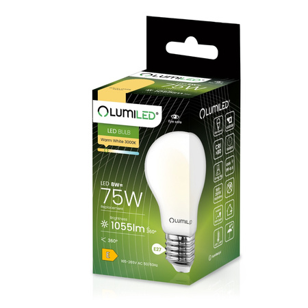 Żarówka LED E27 A60 8W = 75W 1055lm 3000K Ciepła 360° FILAMENT LUMILED
