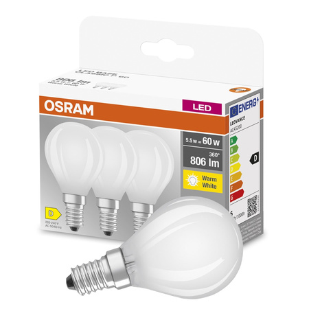 3PAK Żarówka LED E14 P45 5,5W = 60W 806lm 2700K Ciepła 300° Filament OSRAM BASE