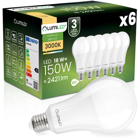 6x Żarówka LED E27 A70 18W = 150W 2421lm 3000K Ciepła 260° LUMILED