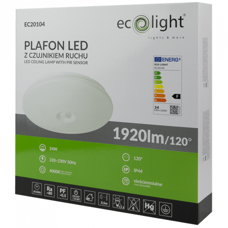 Plafon LED Lampa Sufitowa 24W 1920lm 4000K Neutralna IP44 z Czujnikiem Ruchu i Zmierzchu Ecolight