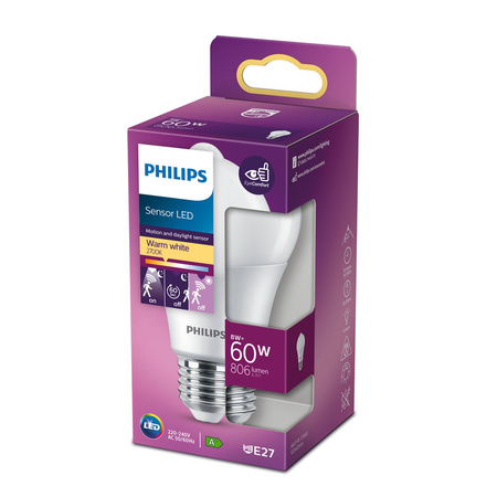 Żarówka LED E27 A60 8W = 60W 806lm 2700K Ciepła 280° PHILIPS Czujnik Ruchu i Zmierzchu