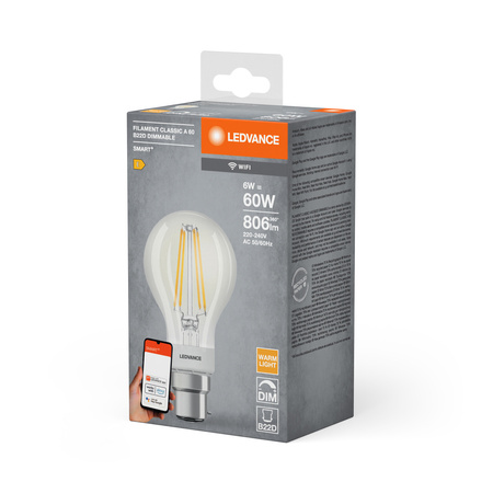 Żarówka LED B22d A60 6W = 60W 2700K Ciepła 806lm 300° Filament LEDVANCE SMART+ WIFI Ściemnialna