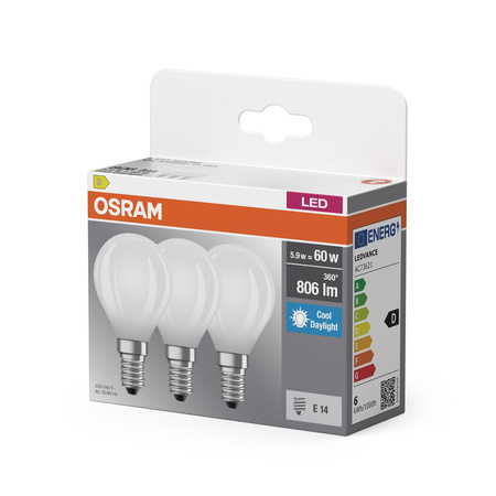 3x Żarówka LED P45 Kulka E14 5.9W = 60W 806lm 6500K Zimna 300° BASE Osram