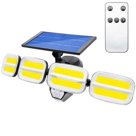 Naświetlacz solarny lampa 4x COB LED 20W 800lm Zimna czujnik ruchu IP65 + Pilot