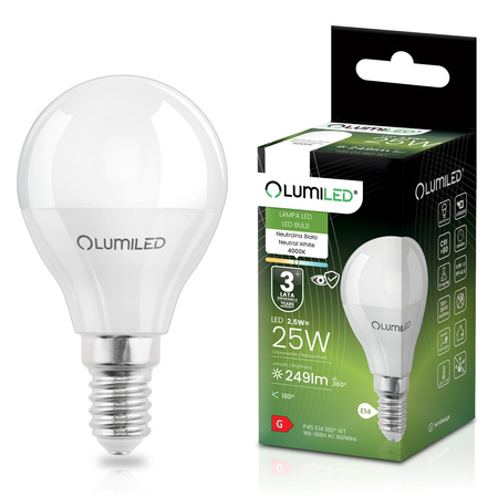 Żarówka LED E14 Kulka P45 2,5W = 25W 249lm 4000K Neutralna 180° LUMILED