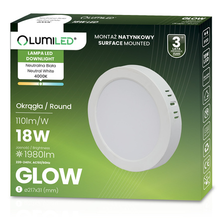 Oprawa Natynkowa Lampa LED Sufitowa 18W Okrągła 4000K GLOW Biała LUMILED
