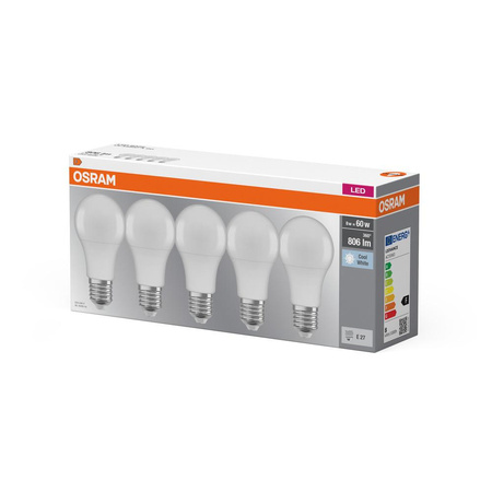 5x Żarówka LED A60 E27 8W = 60W 806lm 4000K Neutralna 150° BASE Osram