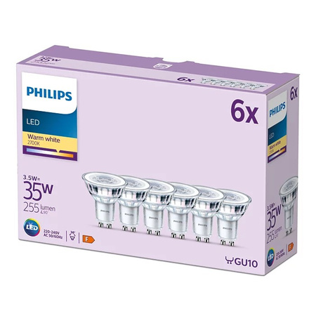 Zestaw 6x Żarówka LED Halogen GU10 PAR16 3.5W = 35W 255lm 2700K Ciepła 36° PHILIPS 