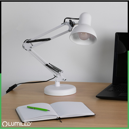 Lampka Biurkowa Kreślarska Stołowa E27 TOBI Biała Lumiled + uchwyt na blat