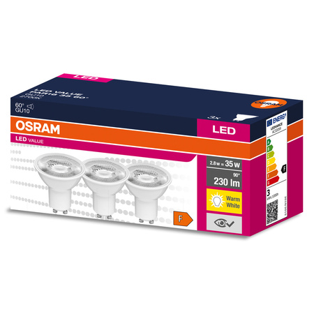 3PAK Żarówka LED GU10 2,8W = 35W 230lm 2700K Ciepła 60° OSRAM Value