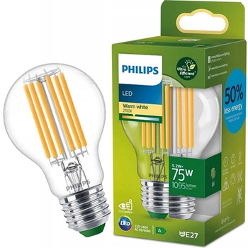 Żarówka LED E27 A60 210.6lm/W 5.2W = 75W 1095lm 2700K Ciepła Filament PHILIPS Ultra Efficient