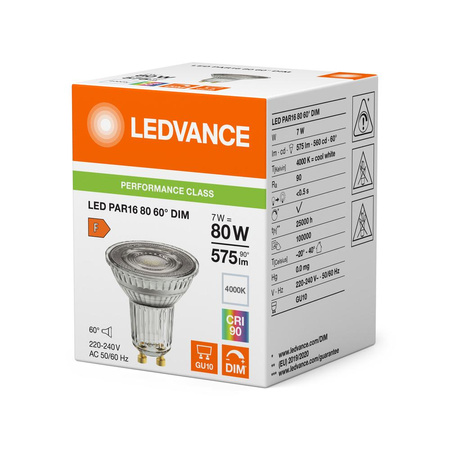 Żarówka LED Reflektor GU10 PAR16 7W = 80W 575lm 4000K Neutralna 60° CRI90 Ściemnialna Ledvance