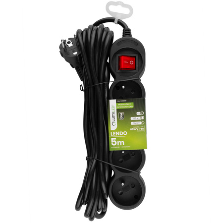Przedłużacz Sieciowy Kabel z Uziemieniem Listwa Zasilająca 4 Gniazda 5m Włącznik ON/OFF Czarny Sznur Lendo Lumiled