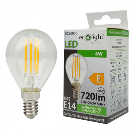 Żarówka LED Kulka P45 E14 6W 720lm 2700K Ciepła FILAMENT Ecolight