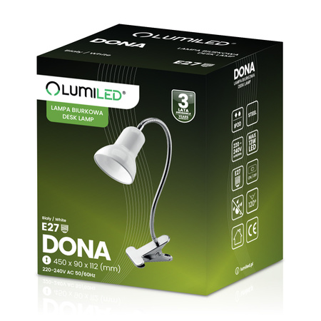 Lampka Biurkowa Stołowa Regulowana DONA Szkolna Nocna E27 Klips Biała LUMILED