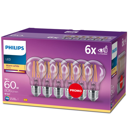 Zestaw 6x Żarówka LED E27 A60 7W = 60W 806lm 2700K Ciepła Filament PHILIPS