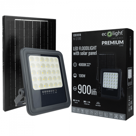 Naświetlacz LED Lampa Reflektor Solarny 100W 900lm 4000K Neutralna IP65 z Czujnikiem Zmierzchu + Pilot Ecolight