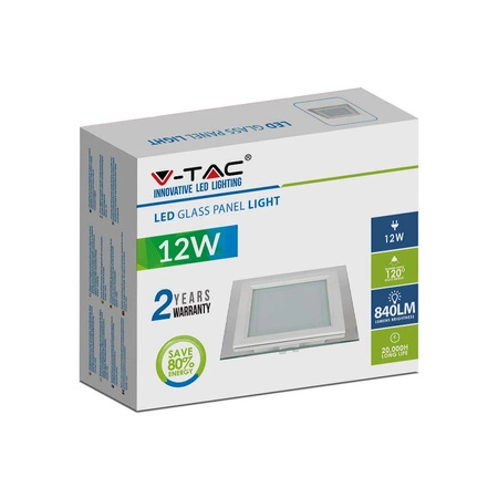 Panel LED Podtynkowy wpuszczany 12W 6000K Szklany Kwadratowy FLICKER FREE VT-1202G V-TAC