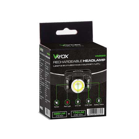 Latarka Czołowa LED Akumulatorowa z czujnikiem ruchu XTE 5W + COB 10W VA0025 VAYOX