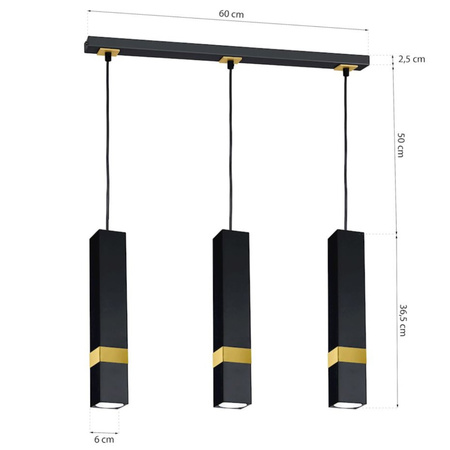 Lampa wisząca Tuba Zwis VIDAR Czarny + złoty 3x GU10 Milagro Metal Styl nowoczesny