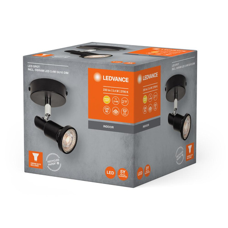 Lampa LED Ścienna Sufitowa Kinkiet Oprawa Natynkowa 3.4W 230lm 3000K Ciepła Ściemnialna Czarny LED Spot Ledvance