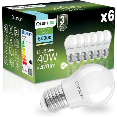 6x Żarówka LED E27 Kulka P45 5W = 40W 470lm 6500K Zimna 180° LUMILED