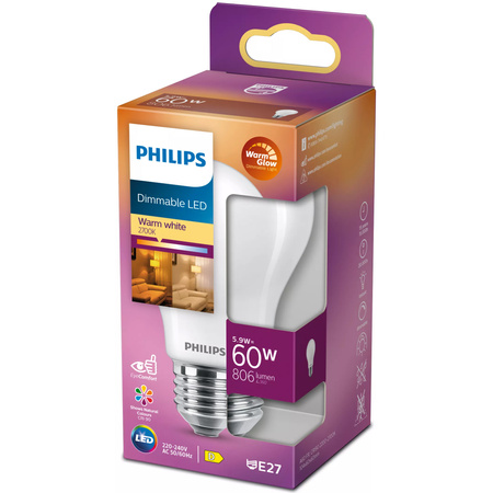Żarówka LED E27 A60 5.9W = 60W 806lm 2200-2700K Ciepła CRI90 FILAMENT Ściemnialna WarmGlow Philips