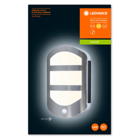 Lampa Ogrodowa Zewnętrzna Kinkiet Elewacyjny LED 12.5W 650lm 3000K IP44 Srebrny Z Czujnikiem Ruchu i Zmierzchu Endura Ledvance